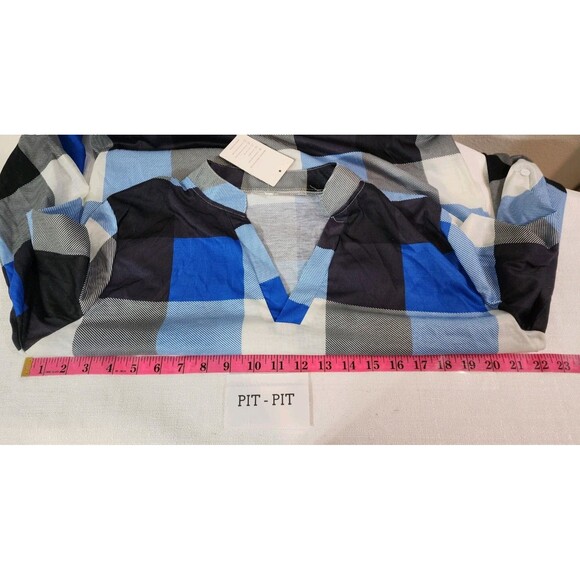 LA MODE WOMEN 2X BLUE PLAID NEW BLOUSE CHECKERED NAUTICAL WORK SHEER OFFICE FARM - Picture 14 of 15